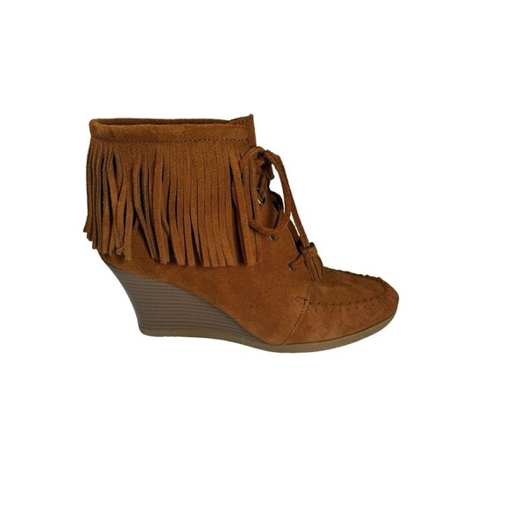 MINNETONKA Brown Suede Fringe Moccasin Wedge Heel Ankle Boots 84022 Size 8.5 - Picture 11 of 16